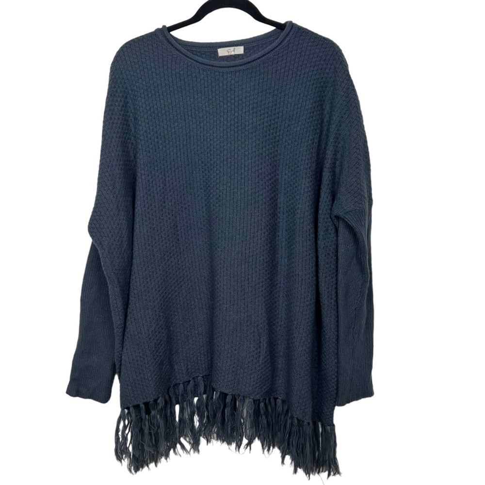 Easel Blue Gray Fringe Hem Oversized Knit Sweater Small